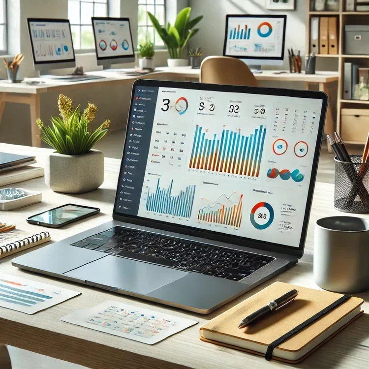 A modern workspace with a laptop displaying a Zoho Analytics dashboard, featuring colorful graphs and charts, surrounded by office items like a notebook, coffee mug, and plants, set in a bright and professional environment